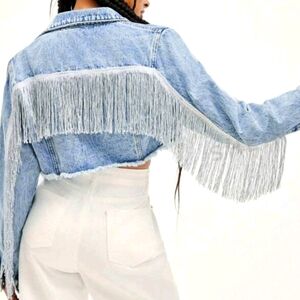 Raw hem Fringe detail crop denim jacket